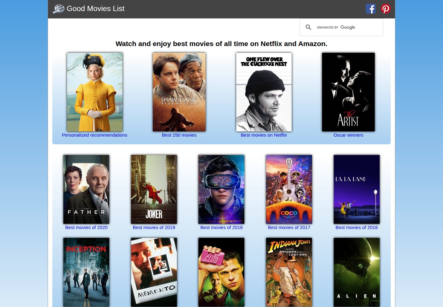 Good Movies List website screenshot
