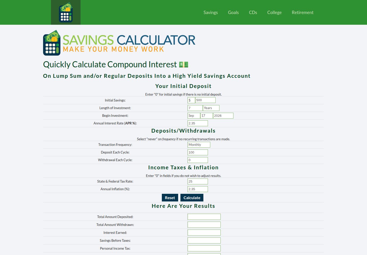 Savings Calculator website screenshot